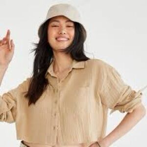 Carly Jean Los Angeles Gauze button down lightweight tan top